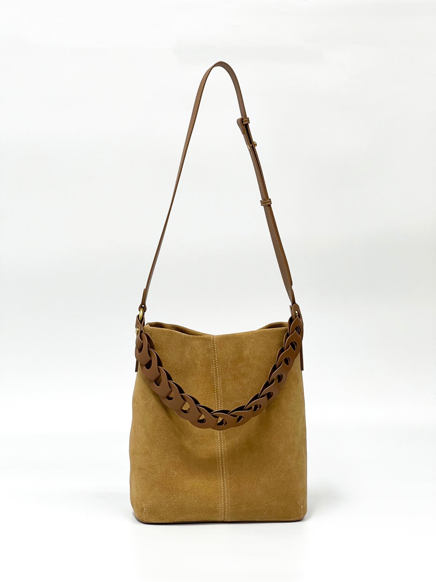 Vintage Suede Cowhide Color-Block Bucket Bag