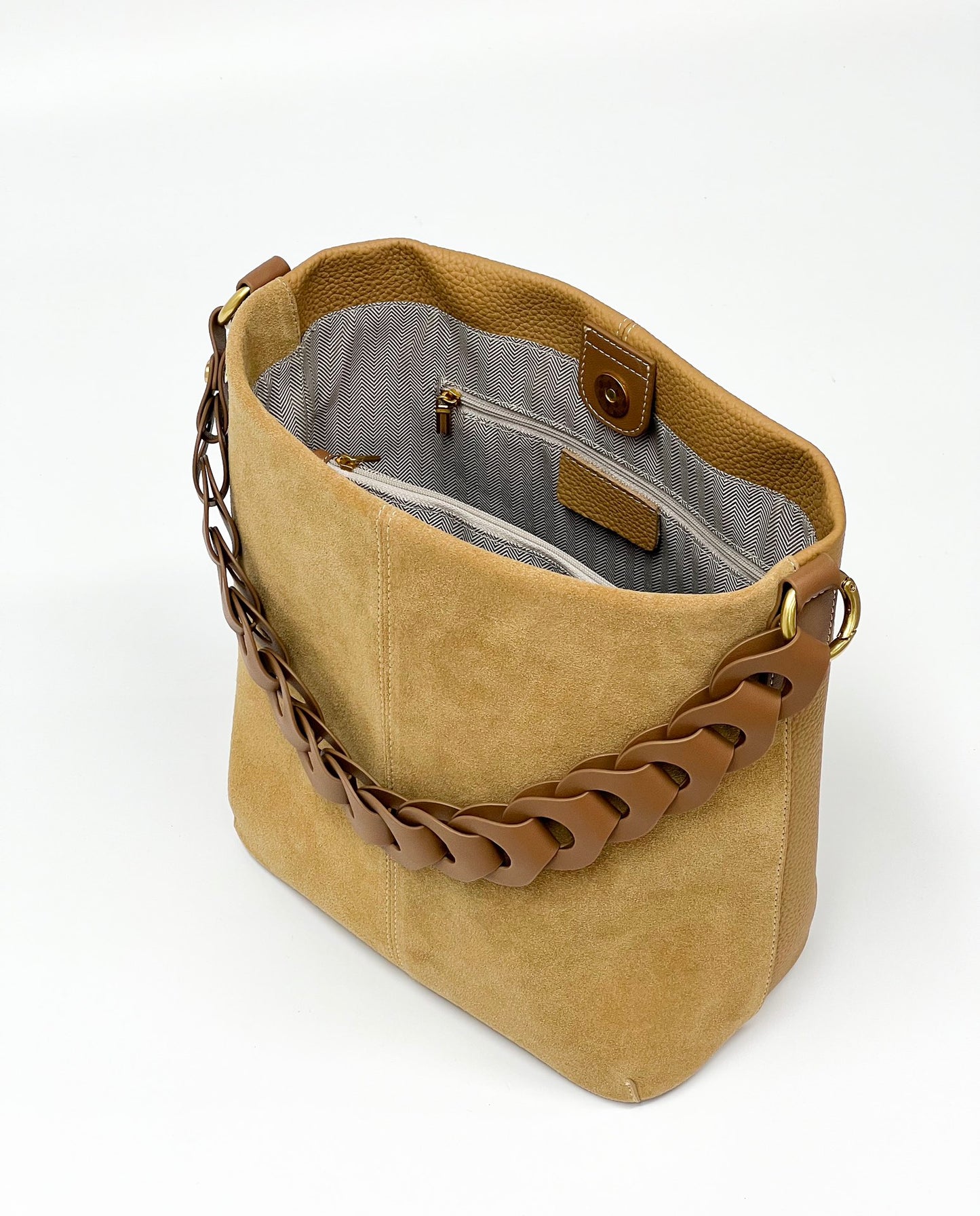 Vintage Suede Cowhide Color-Block Bucket Bag
