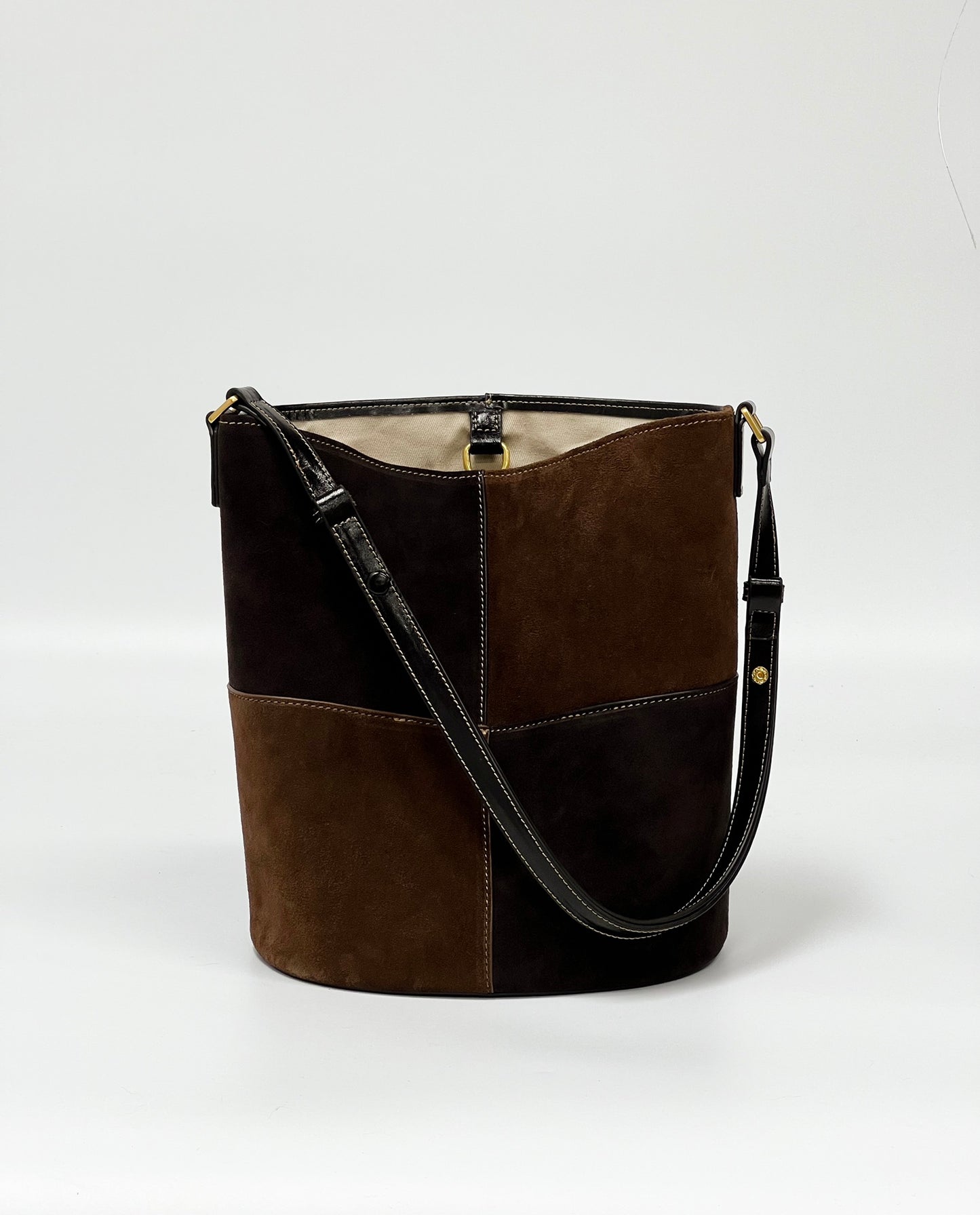 Vintage Suede Color-Block Bucket Bag